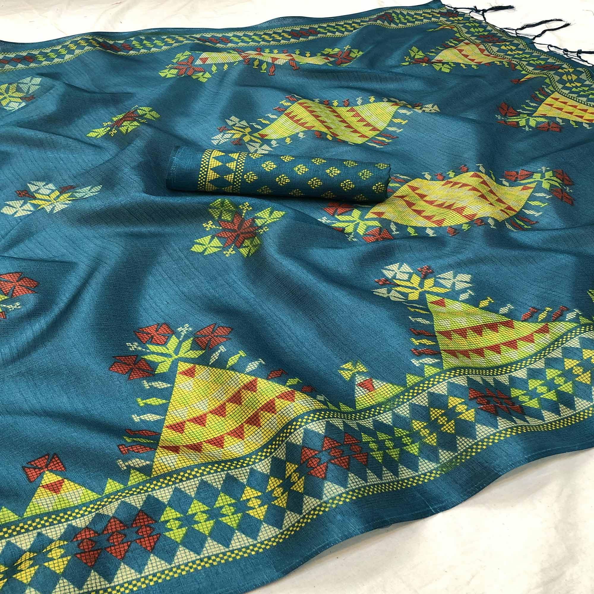 Blue Colored Festive Wear Printed Jute Saree - Peachmode