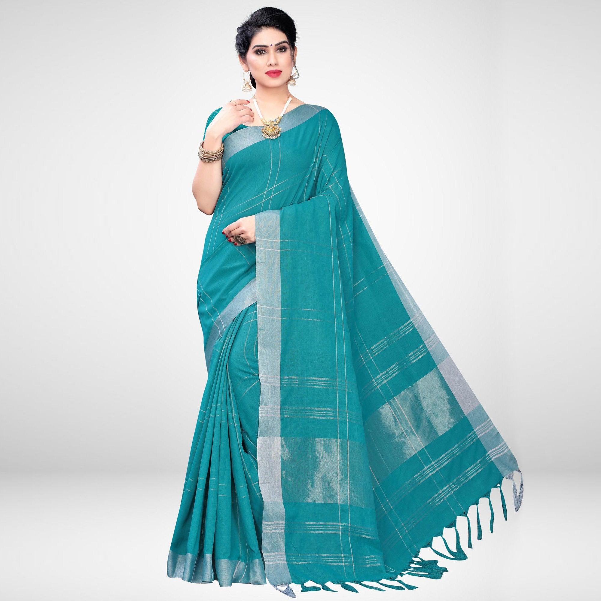 Blue Colored Printed Cotton Blend Saree - Peachmode
