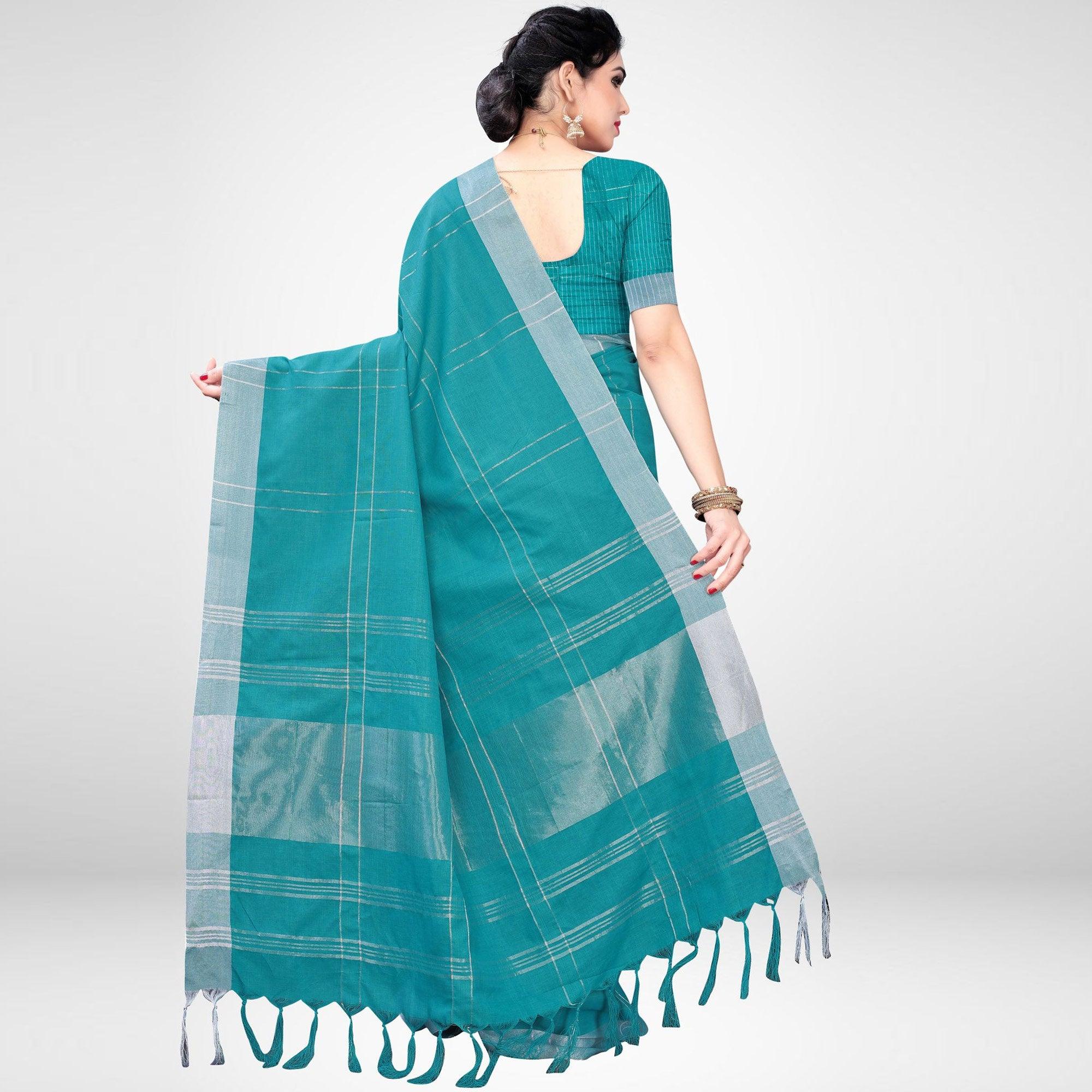 Blue Colored Printed Cotton Blend Saree - Peachmode