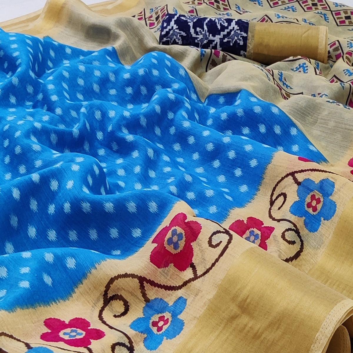 Blue-Cream Casual Wear Printed Cotton Saree With Jari Border - Peachmode