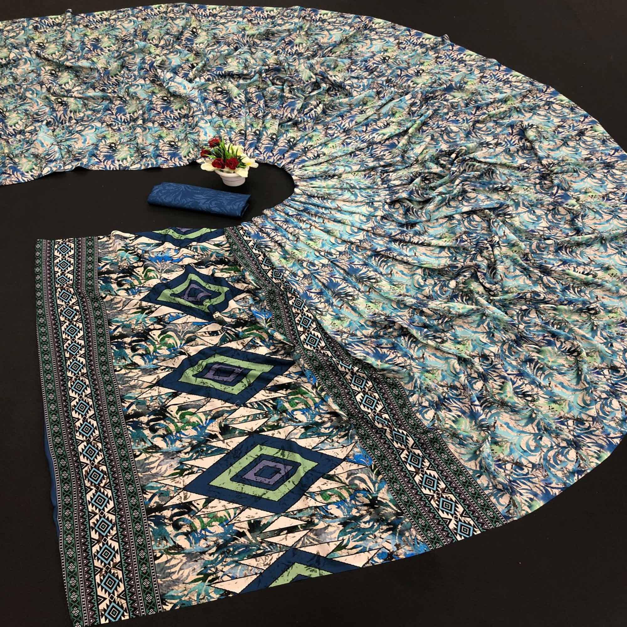 Blue-Cream Digital Printed Vichitra Silk Saree - Peachmode