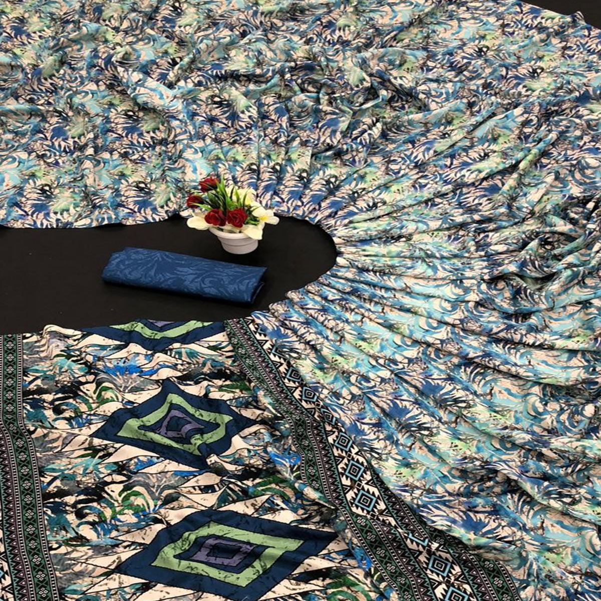 Blue-Cream Digital Printed Vichitra Silk Saree - Peachmode