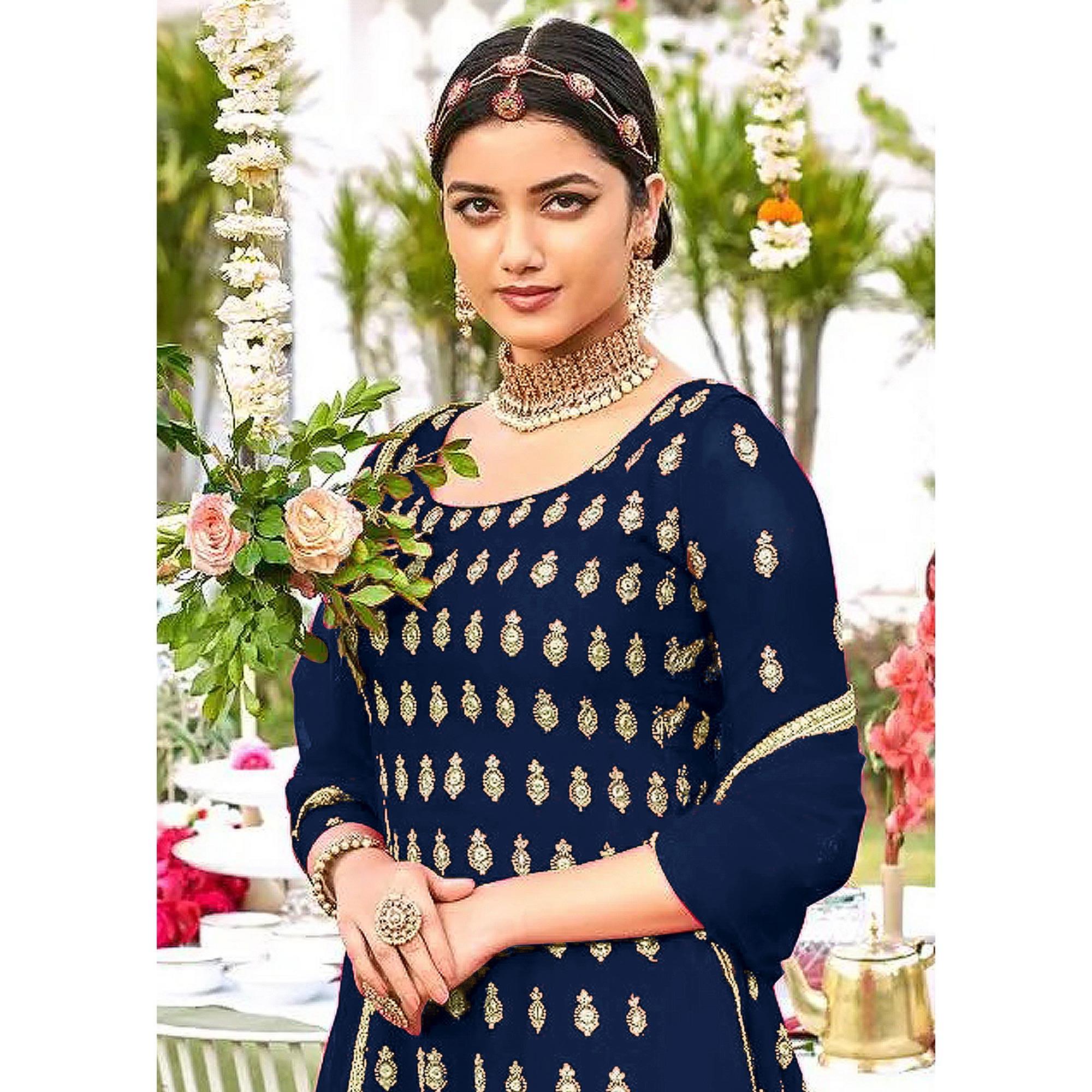 Blue Designer Floral Embroidered Heavy Georgette Partywear Suit - Peachmode