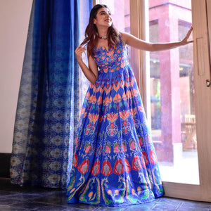 Blue Digital Floral Printed Muslin Gown - Peachmode