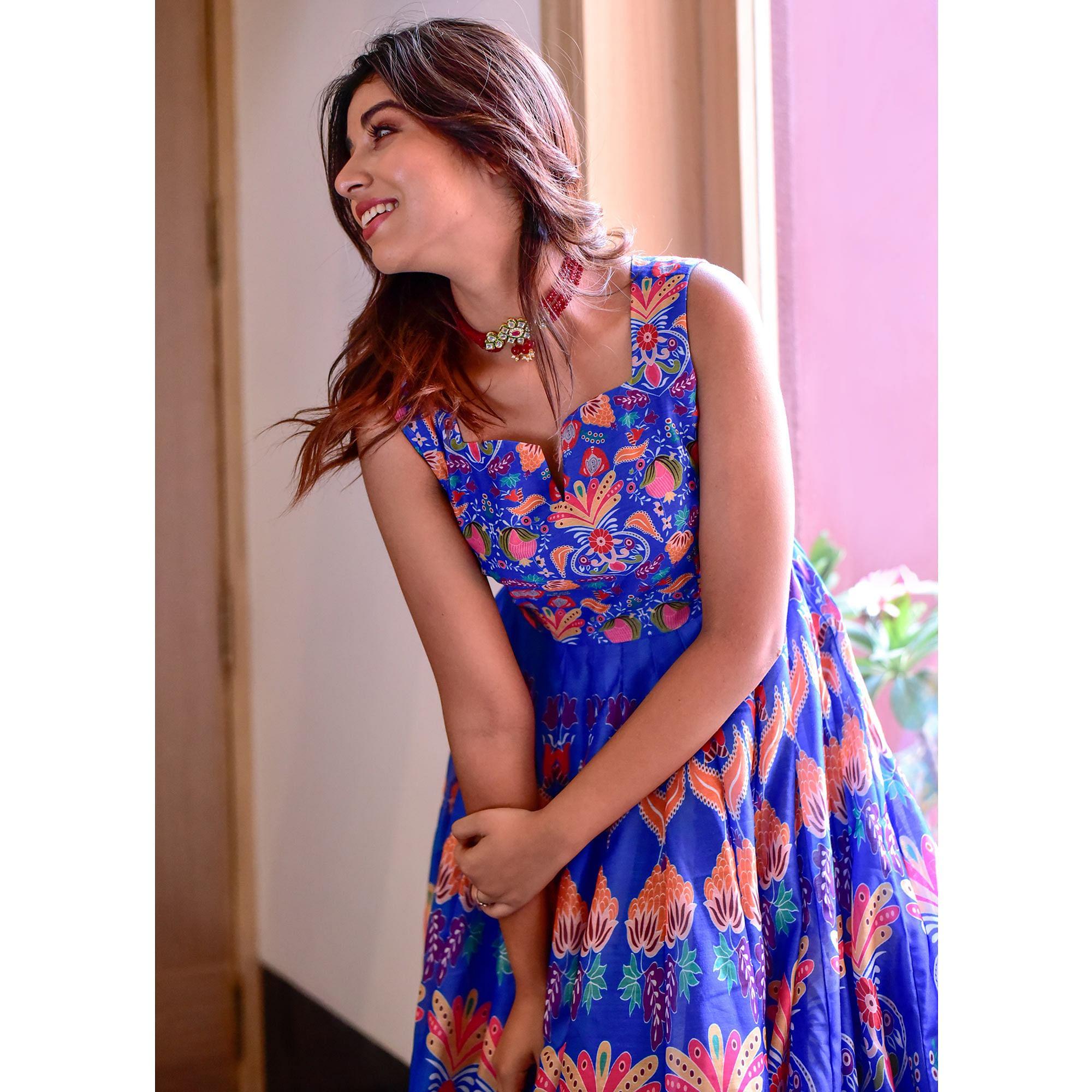 Blue Digital Floral Printed Muslin Gown - Peachmode