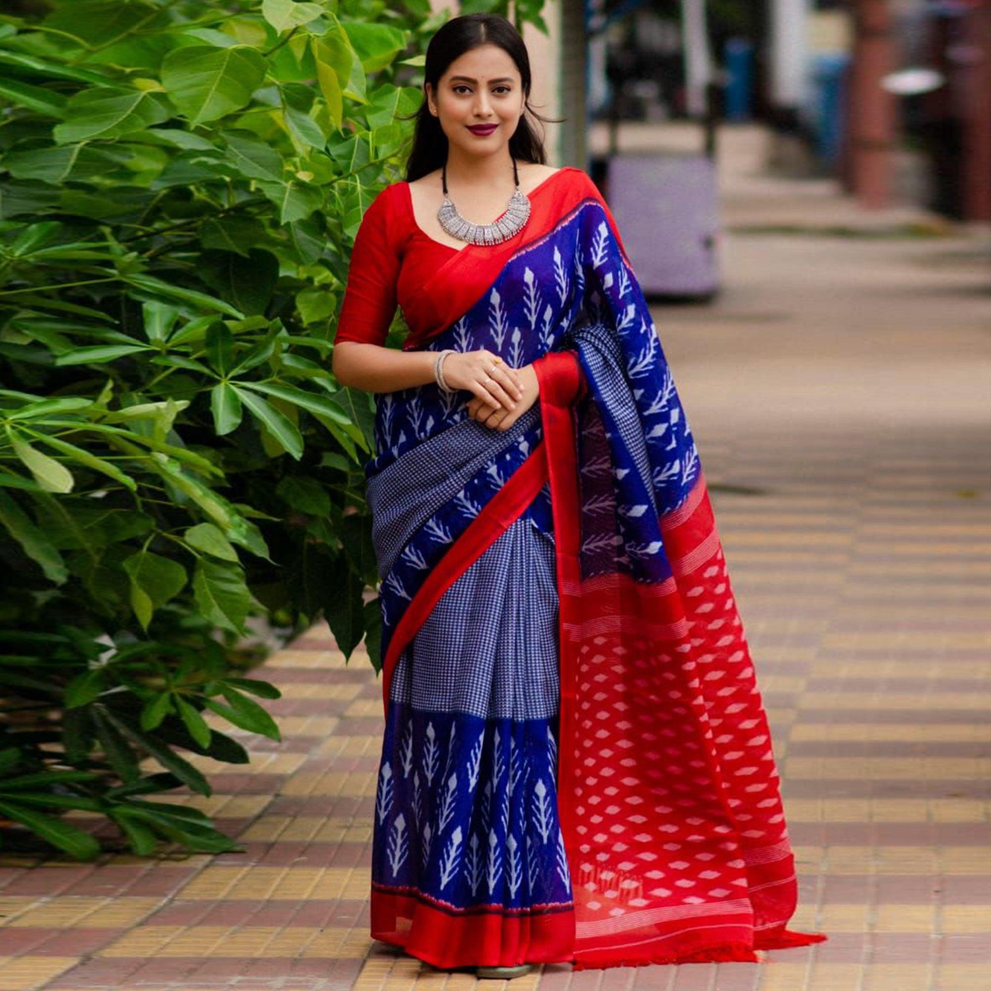 Blue Digital Ikkat Printed Linen Saree - Peachmode