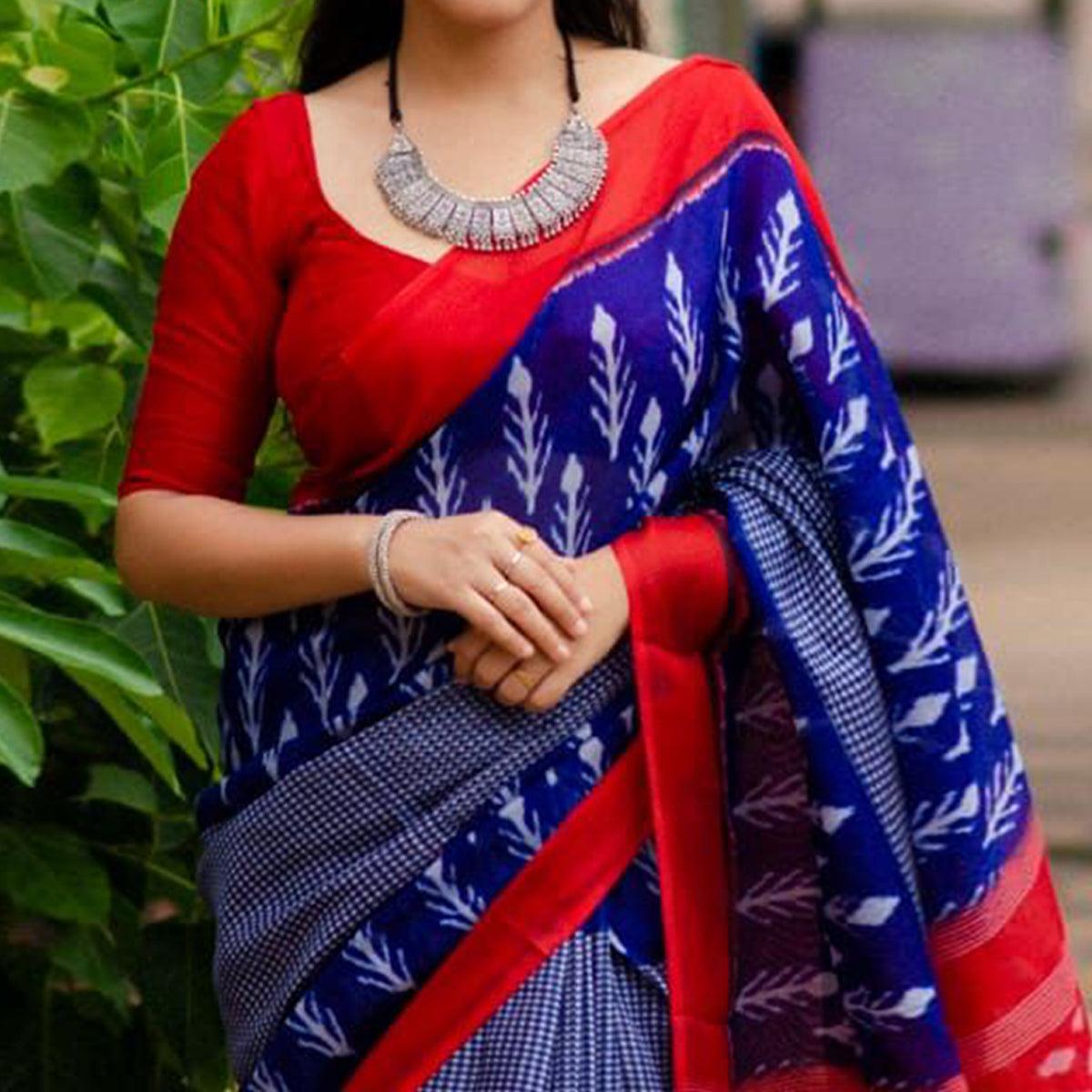 Blue Digital Ikkat Printed Linen Saree - Peachmode