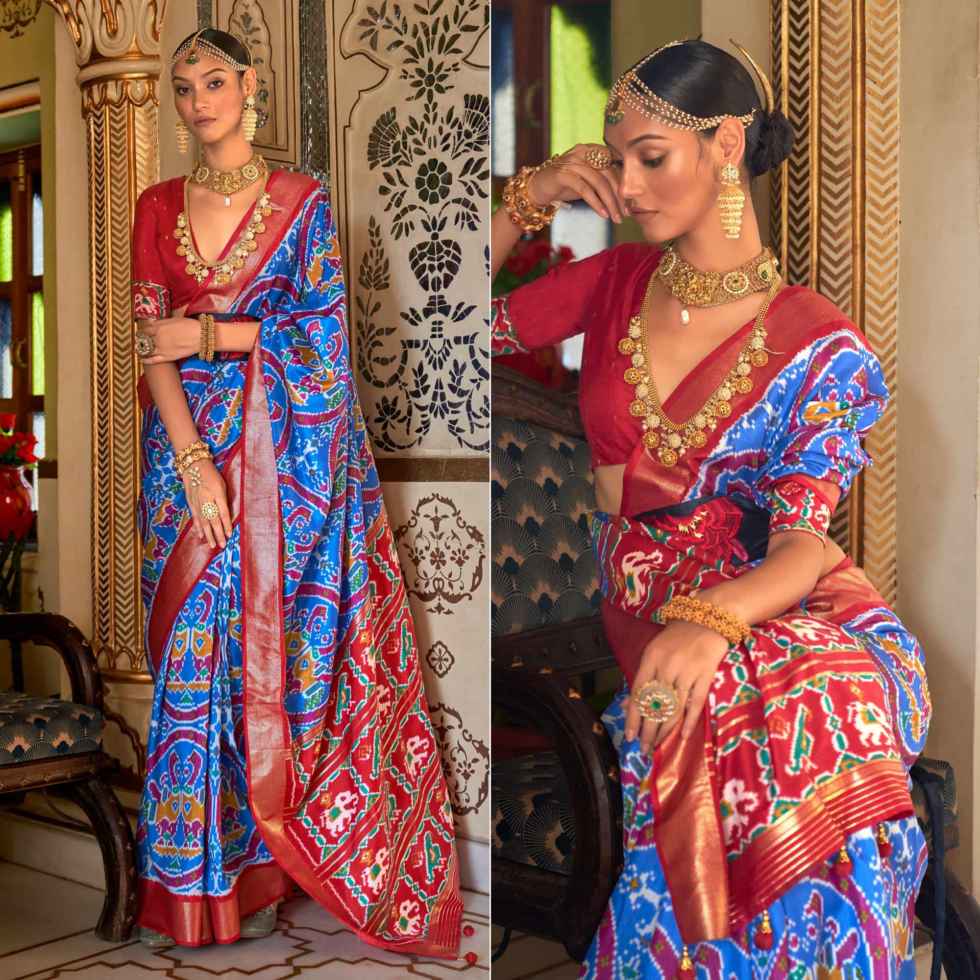 Blue Digital Patola Printed Silk Saree - Peachmode