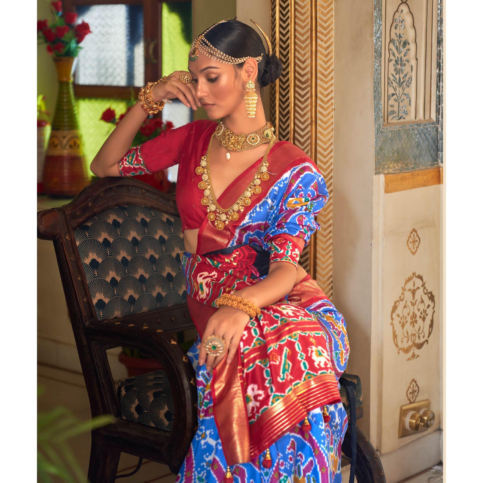 Blue Digital Patola Printed Silk Saree - Peachmode