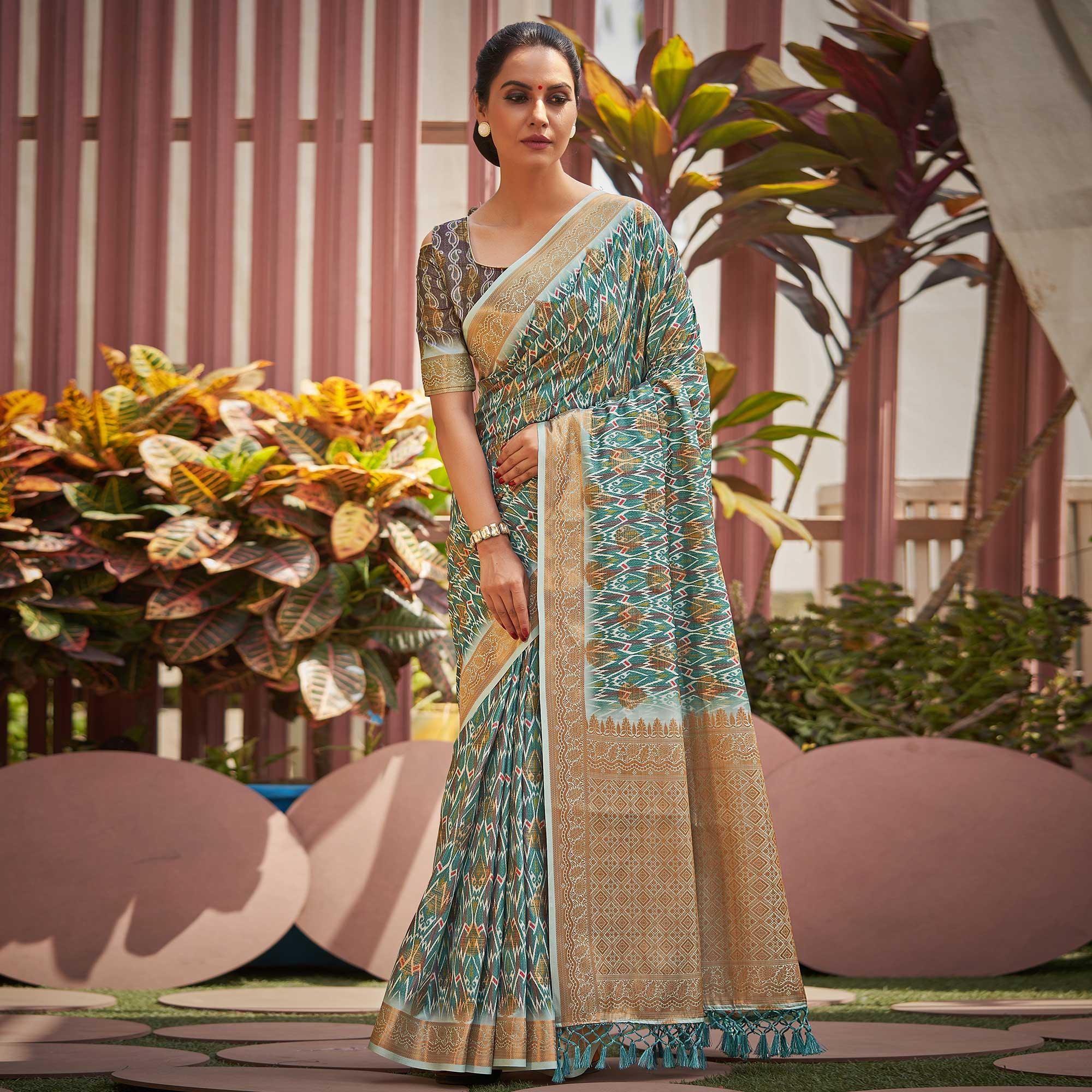 Blue Digital Printed Art Silk Saree - Peachmode