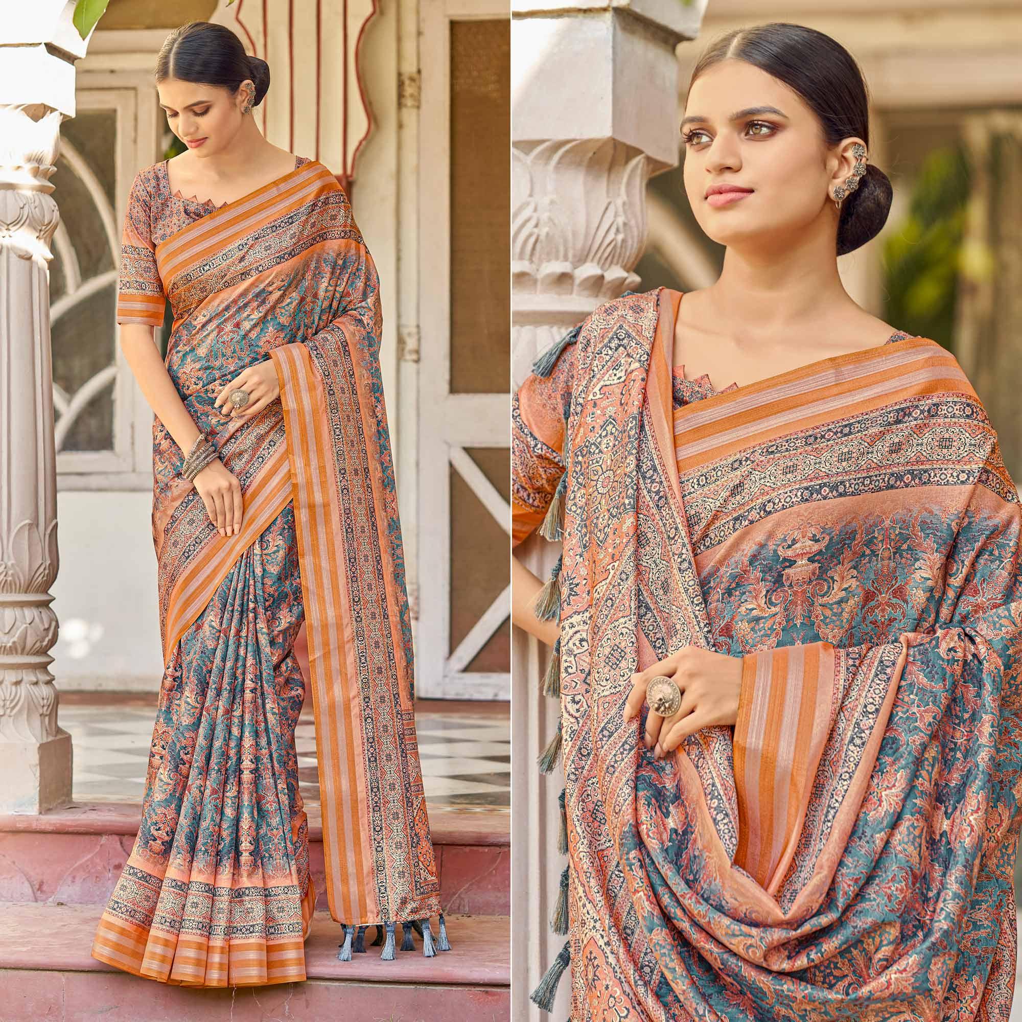 Blue Digital Printed Art Silk Saree - Peachmode