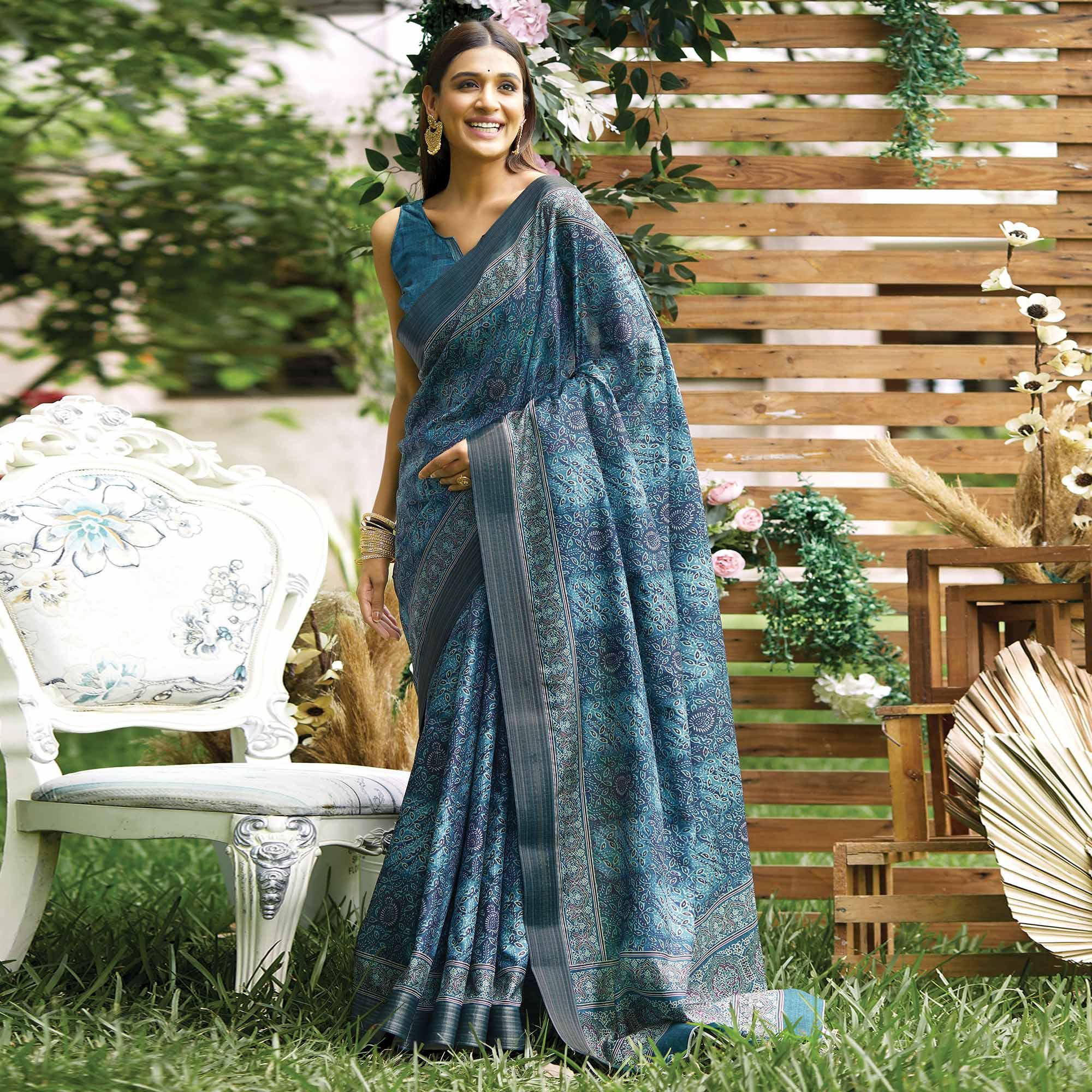 Blue Digital Printed Art Silk Saree - Peachmode