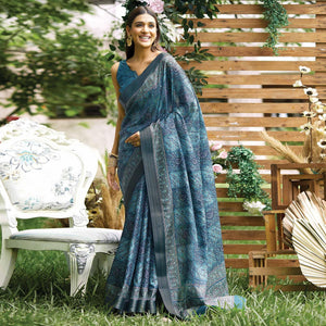 Blue Digital Printed Art Silk Saree - Peachmode