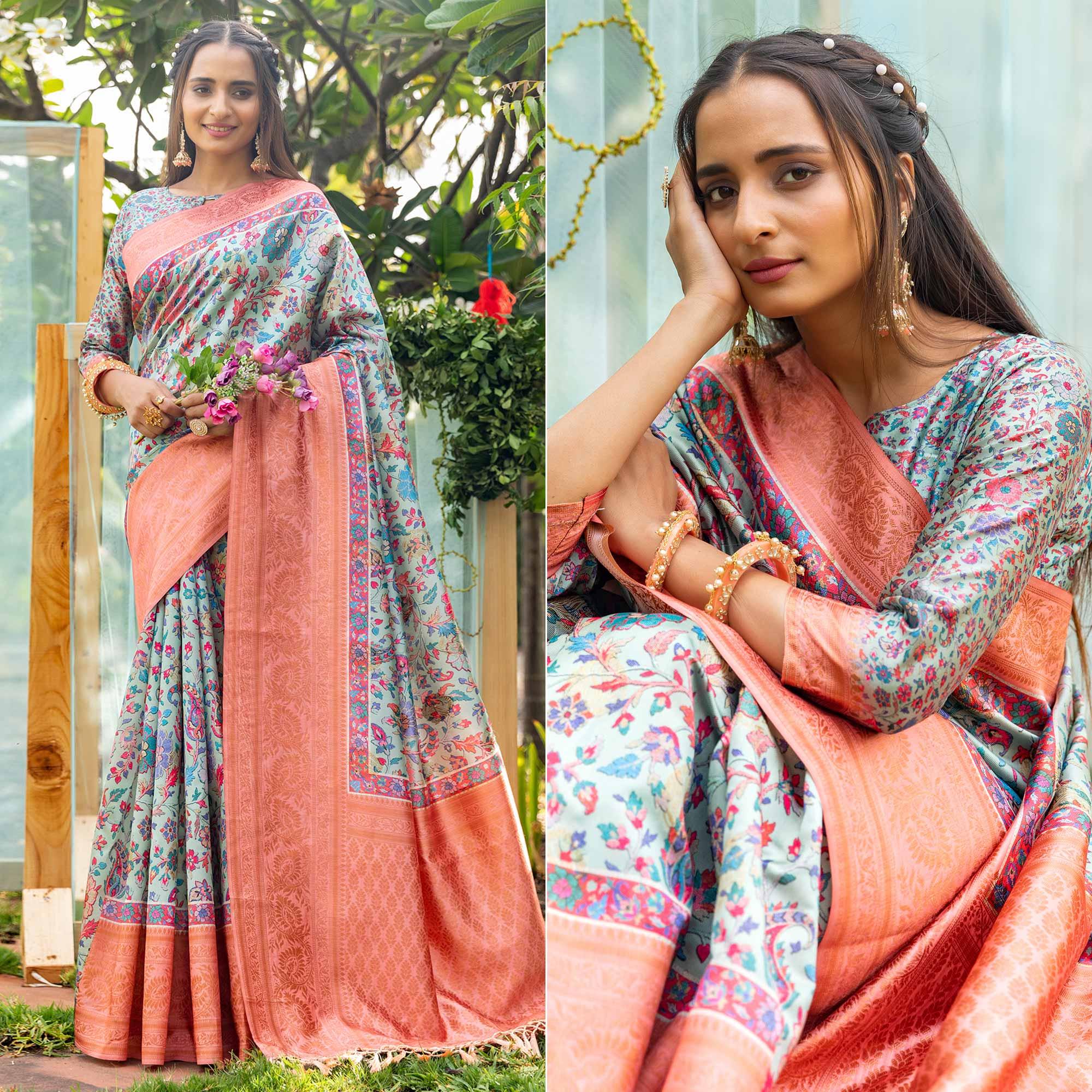 Blue Digital Printed Art Silk Saree - Peachmode