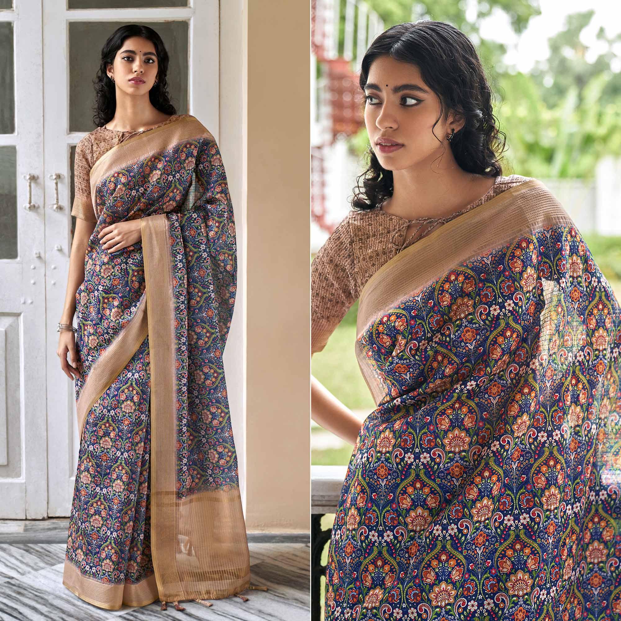 Blue Digital Printed Art Silk Saree - Peachmode