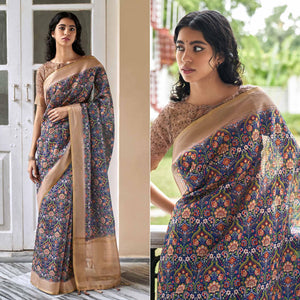 Blue Digital Printed Art Silk Saree - Peachmode