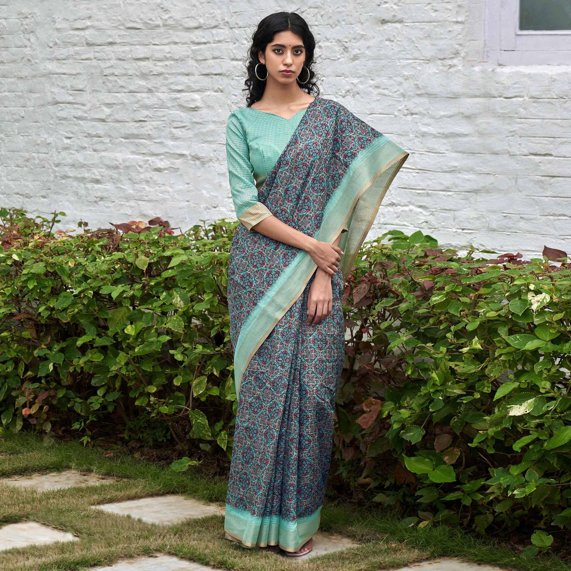 Blue Digital Printed Art Silk Saree - Peachmode