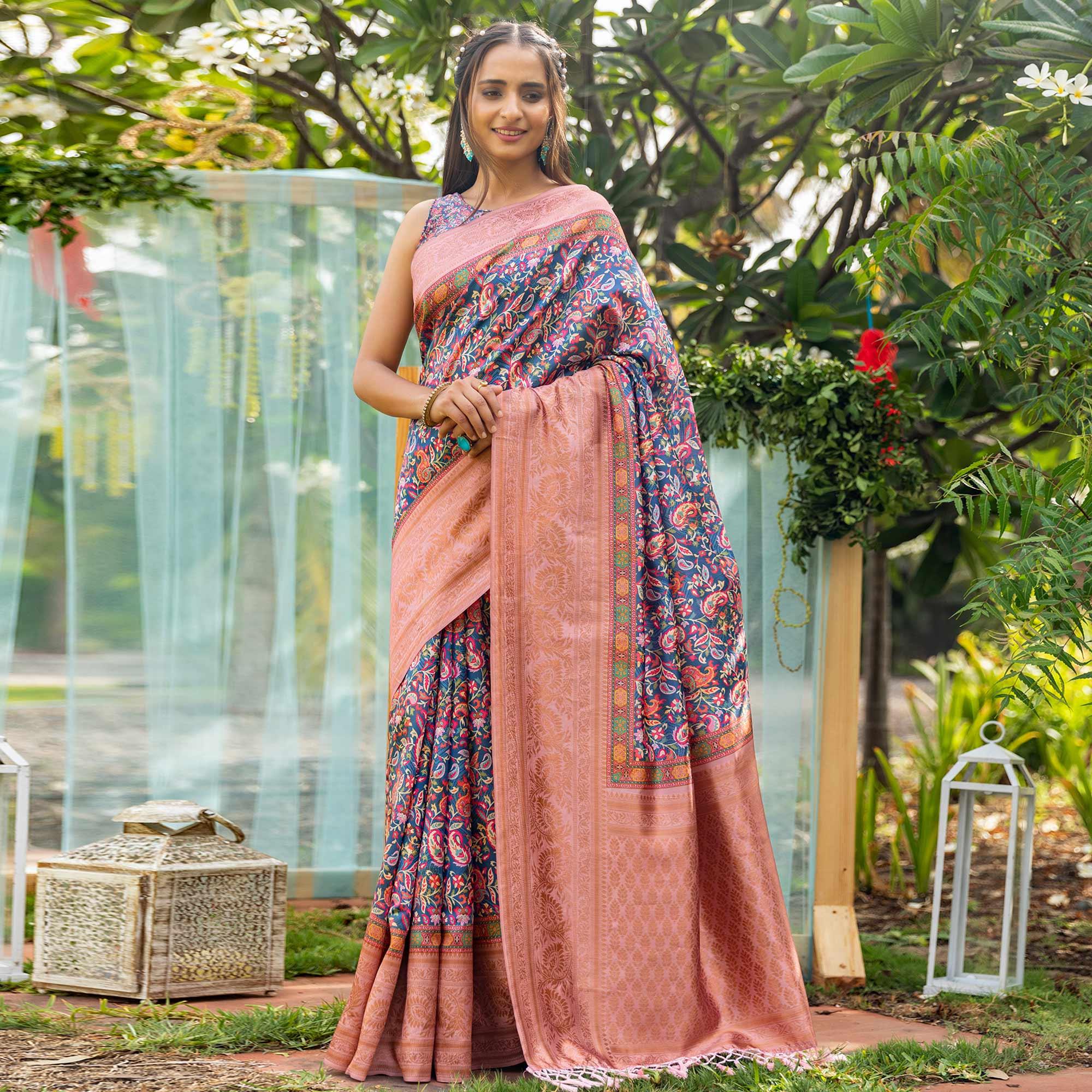 Blue Digital Printed Art Silk Saree - Peachmode