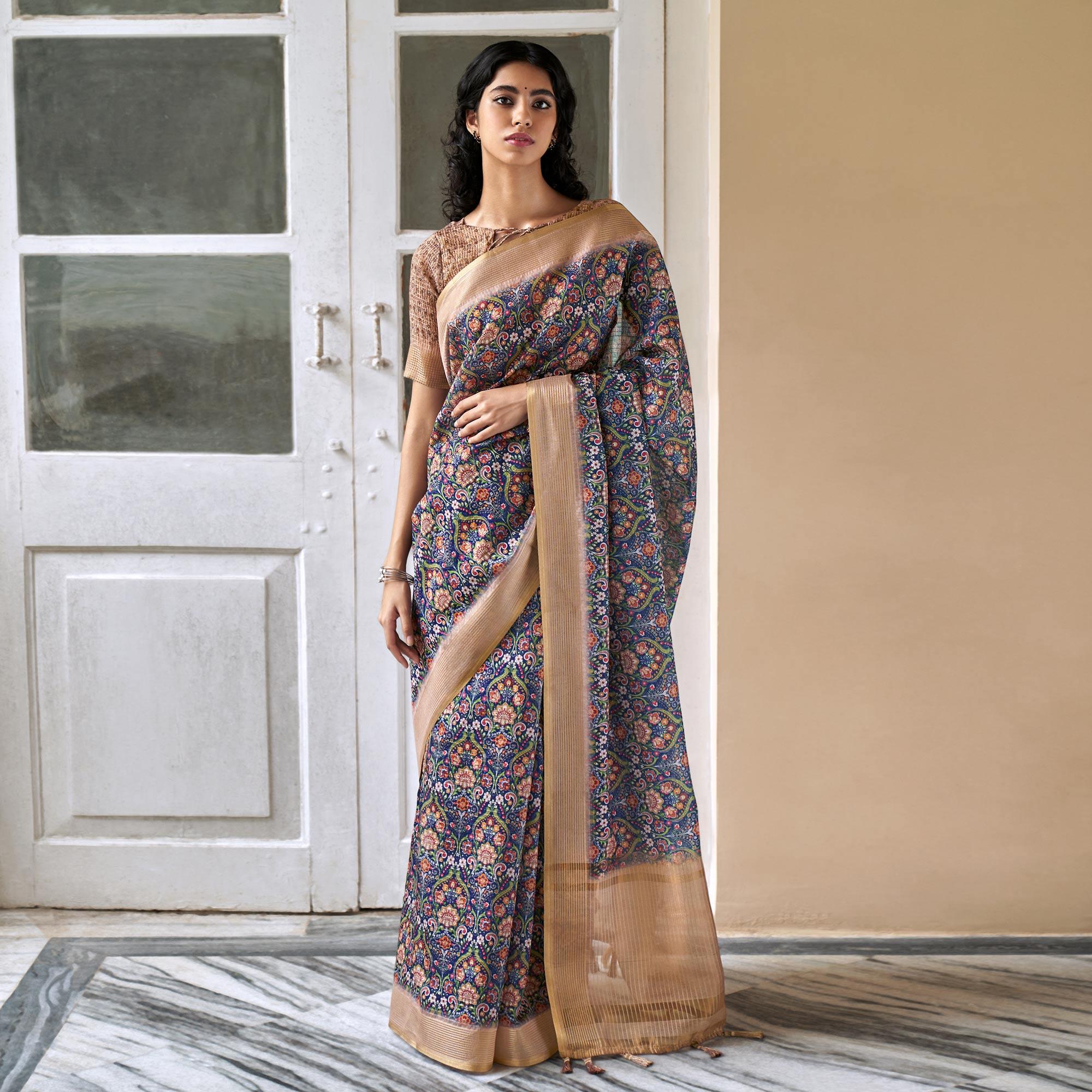 Blue Digital Printed Art Silk Saree - Peachmode
