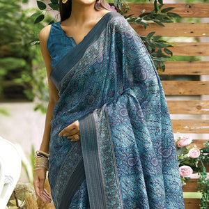 Blue Digital Printed Art Silk Saree - Peachmode