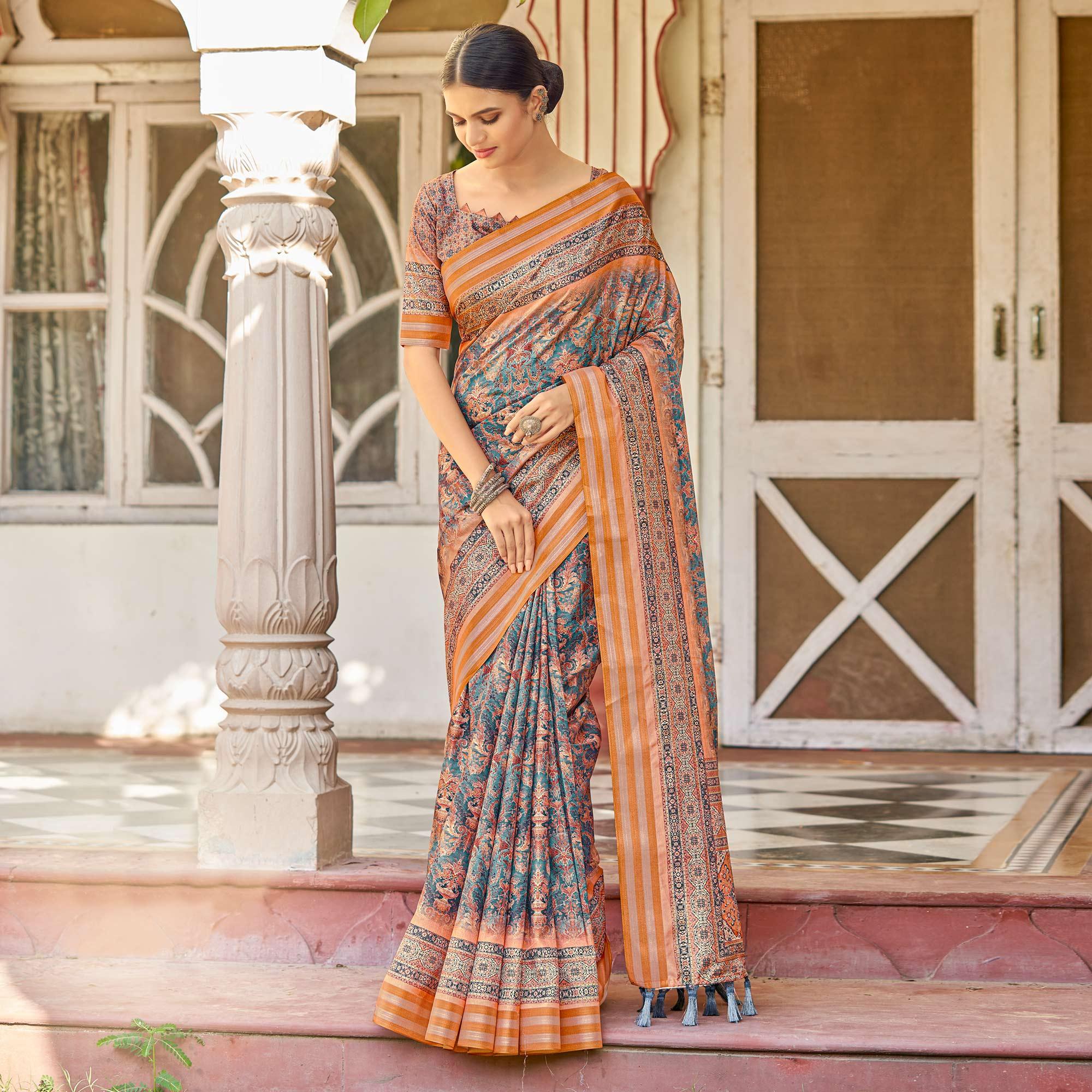 Blue Digital Printed Art Silk Saree - Peachmode