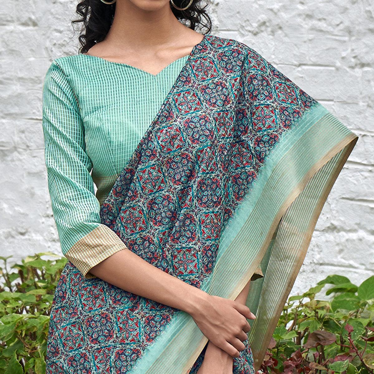 Blue Digital Printed Art Silk Saree - Peachmode