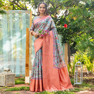 Blue Digital Printed Art Silk Saree - Peachmode