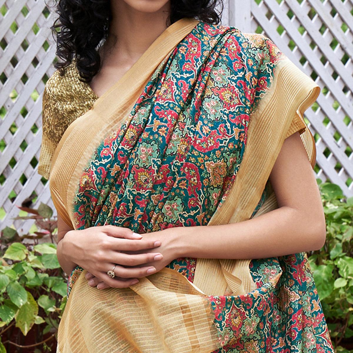 Blue Digital Printed Art Silk Saree - Peachmode