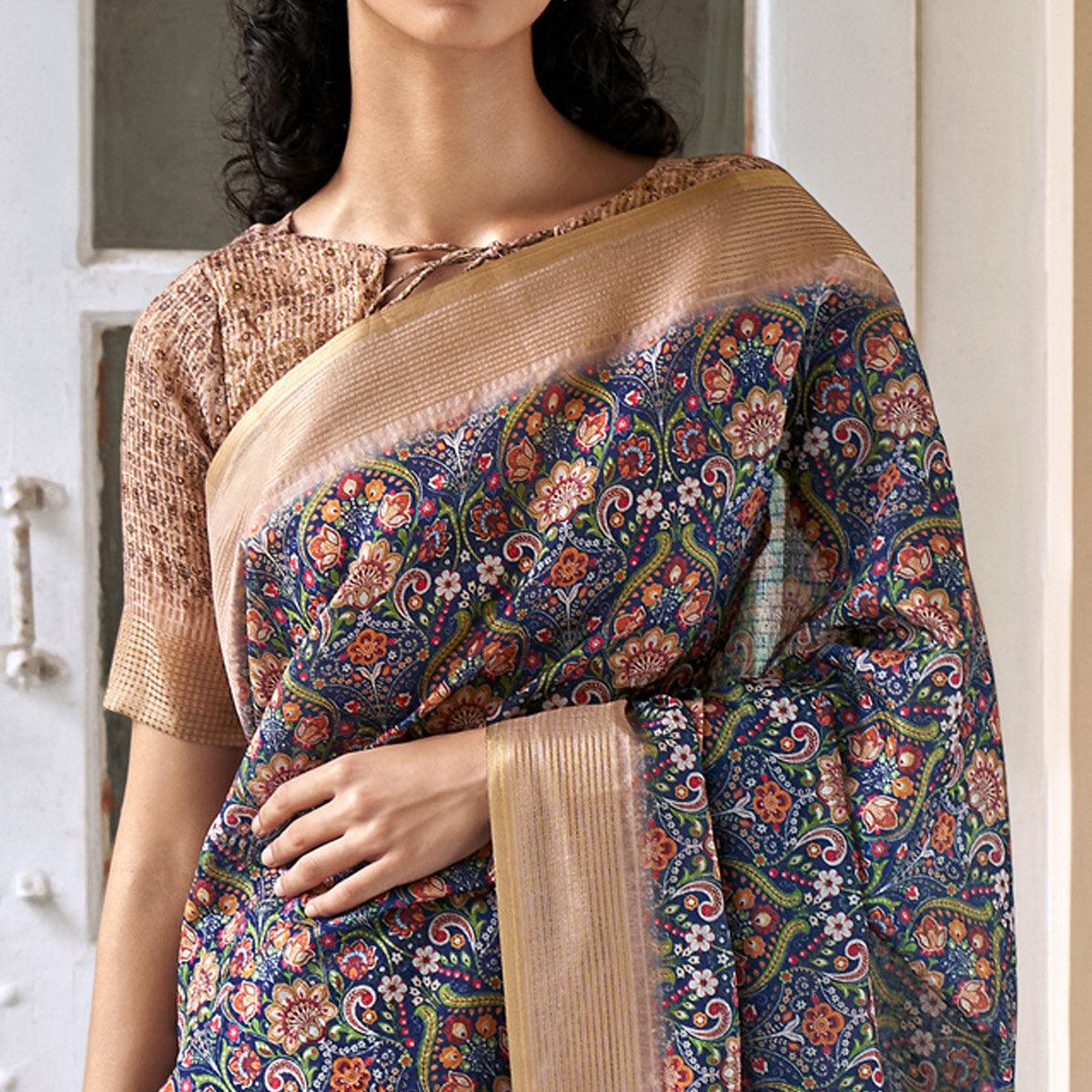 Blue Digital Printed Art Silk Saree - Peachmode