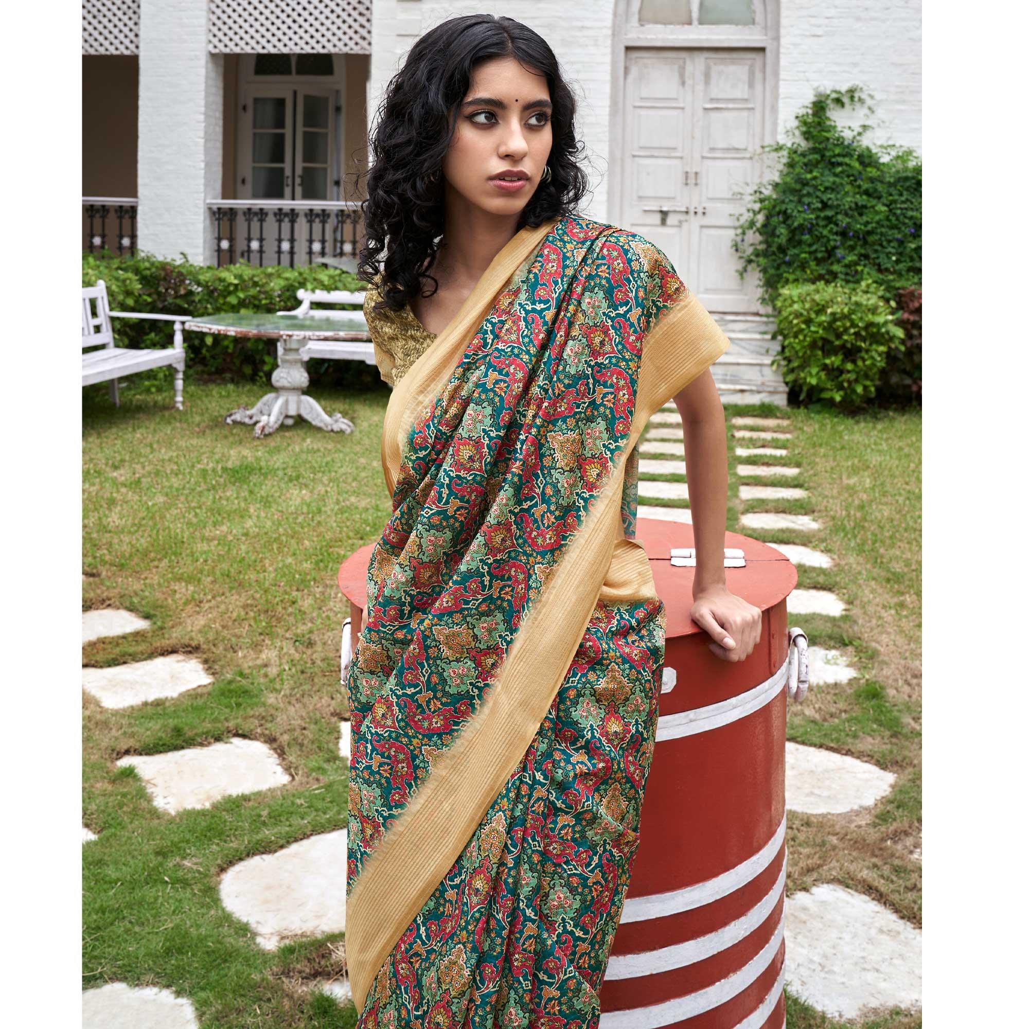 Blue Digital Printed Art Silk Saree - Peachmode