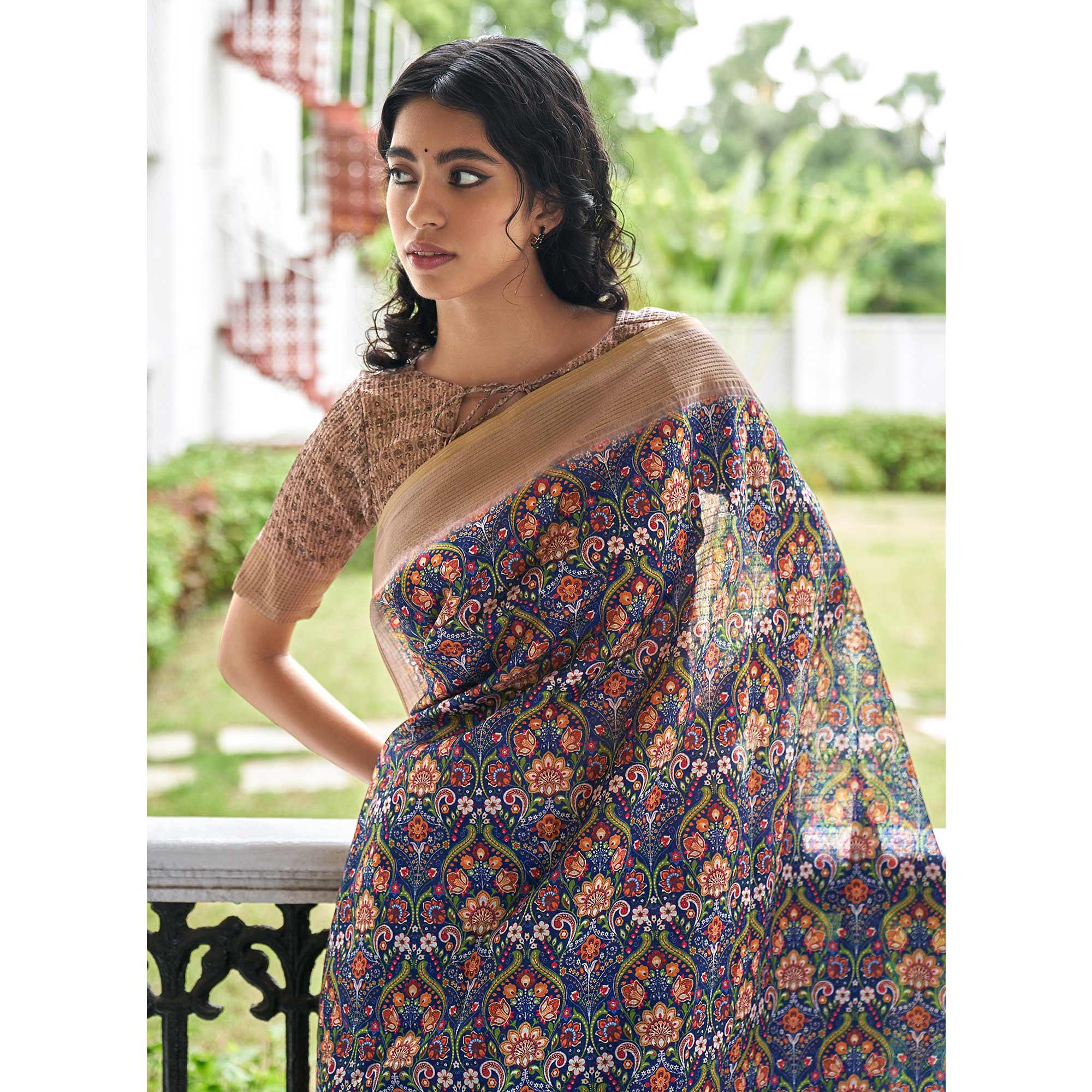 Blue Digital Printed Art Silk Saree - Peachmode