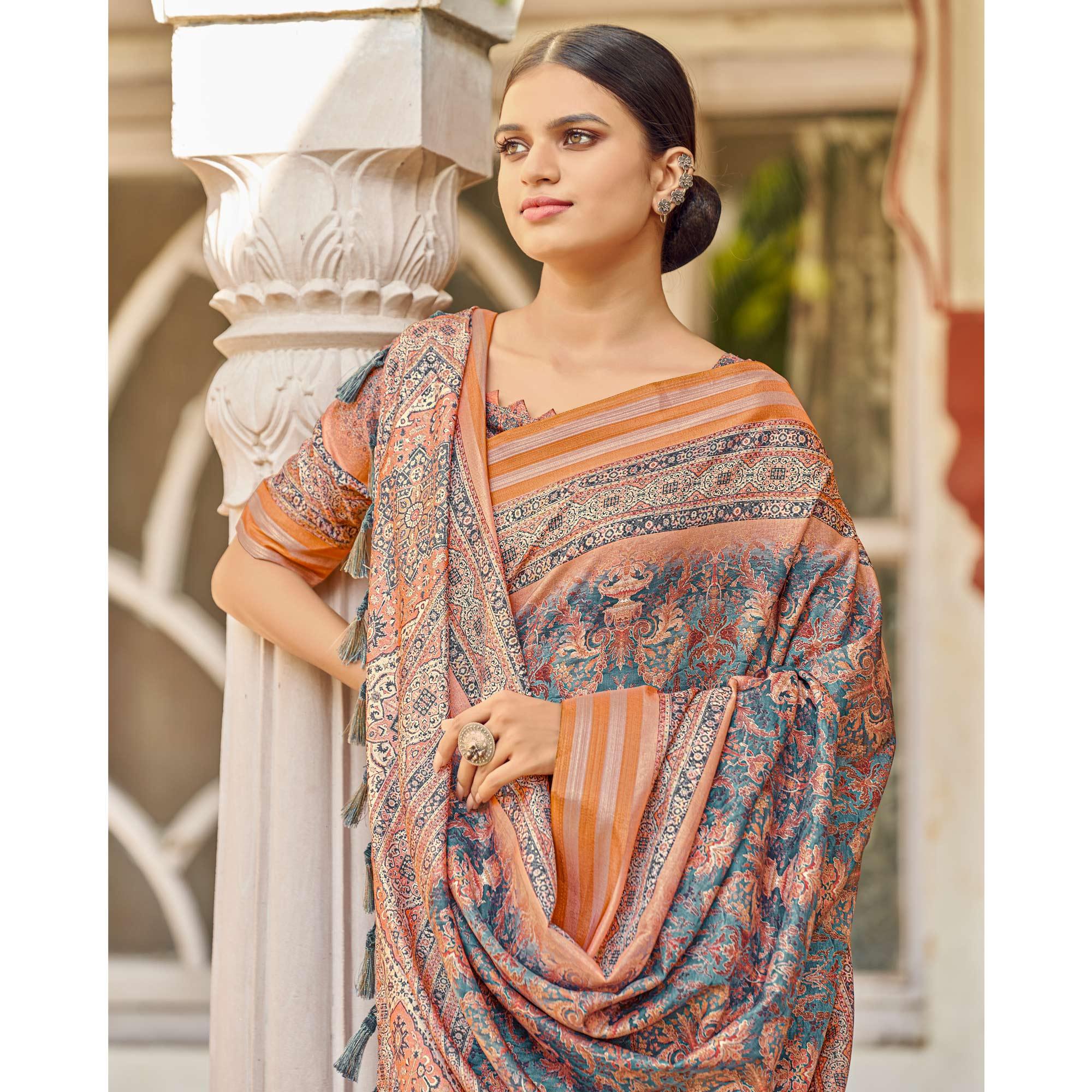 Blue Digital Printed Art Silk Saree - Peachmode