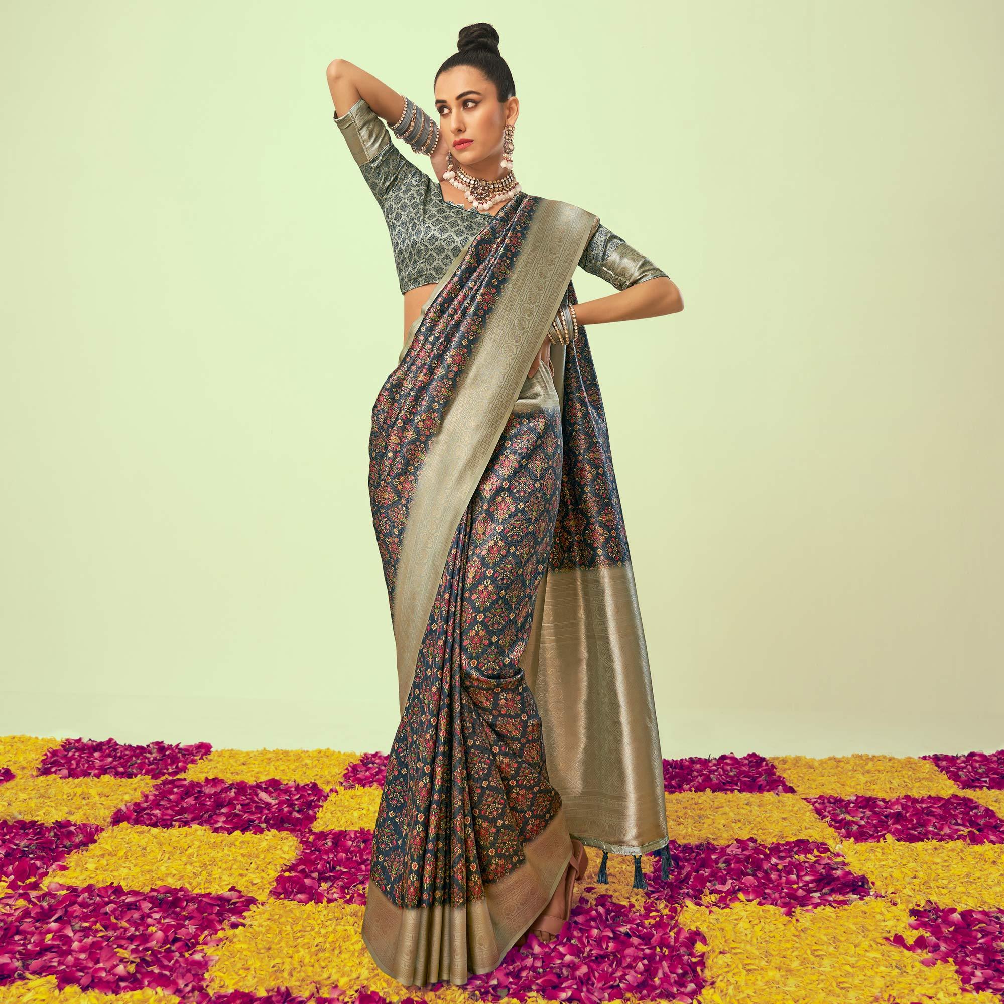 Blue Digital Printed Art Silk Saree With Tassels - Peachmode