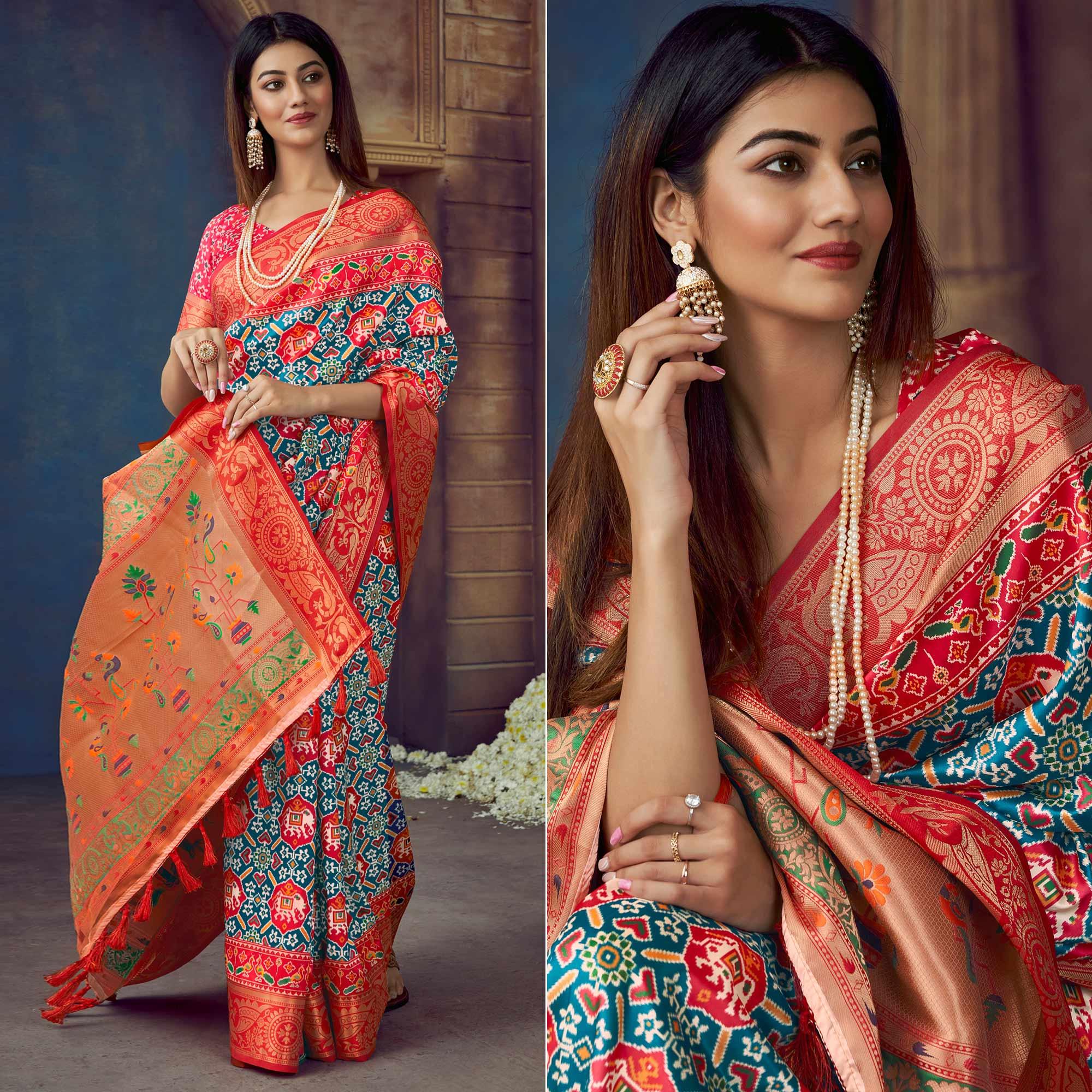 Blue Digital Printed Art Silk Saree With Tassels - Peachmode