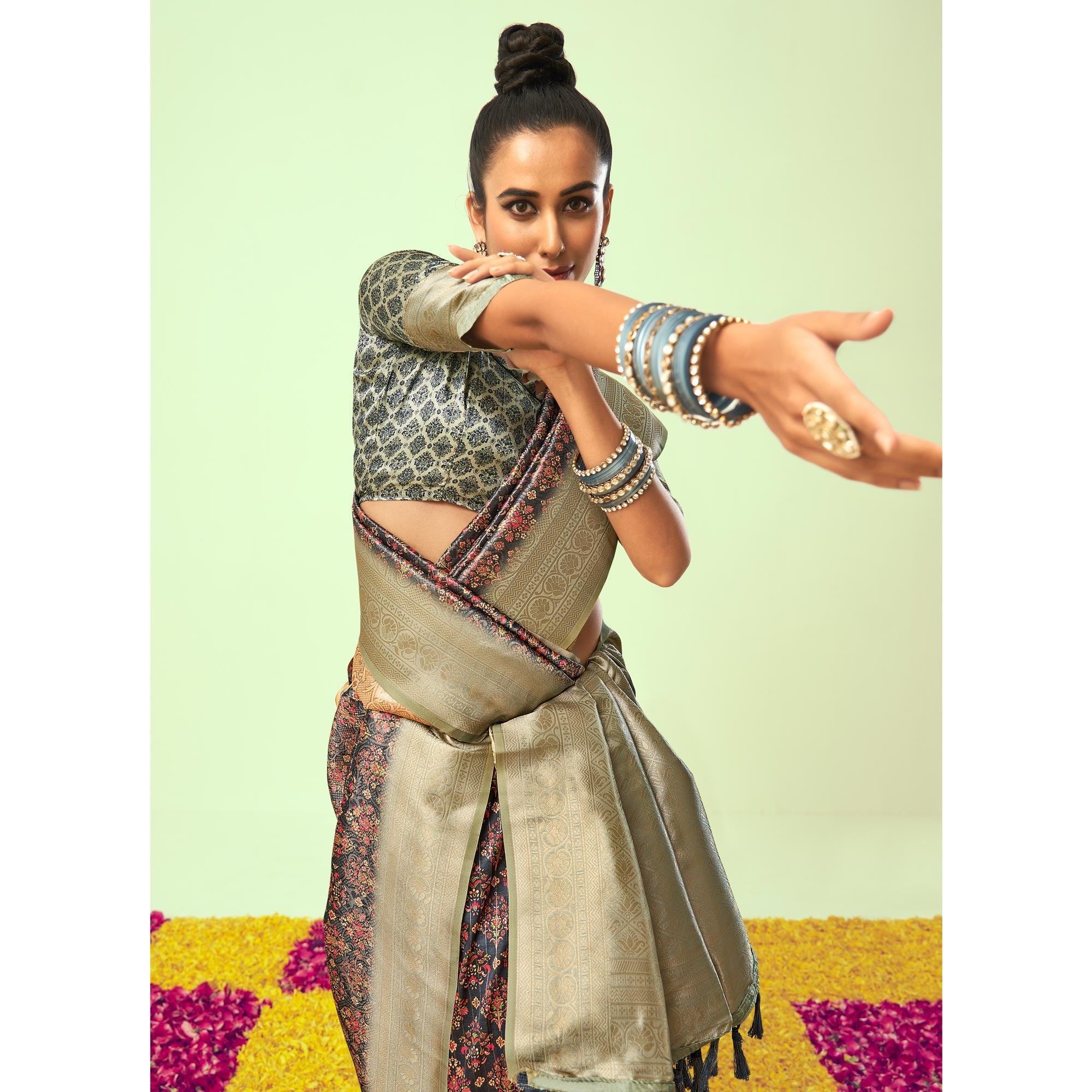 Blue Digital Printed Art Silk Saree With Tassels - Peachmode