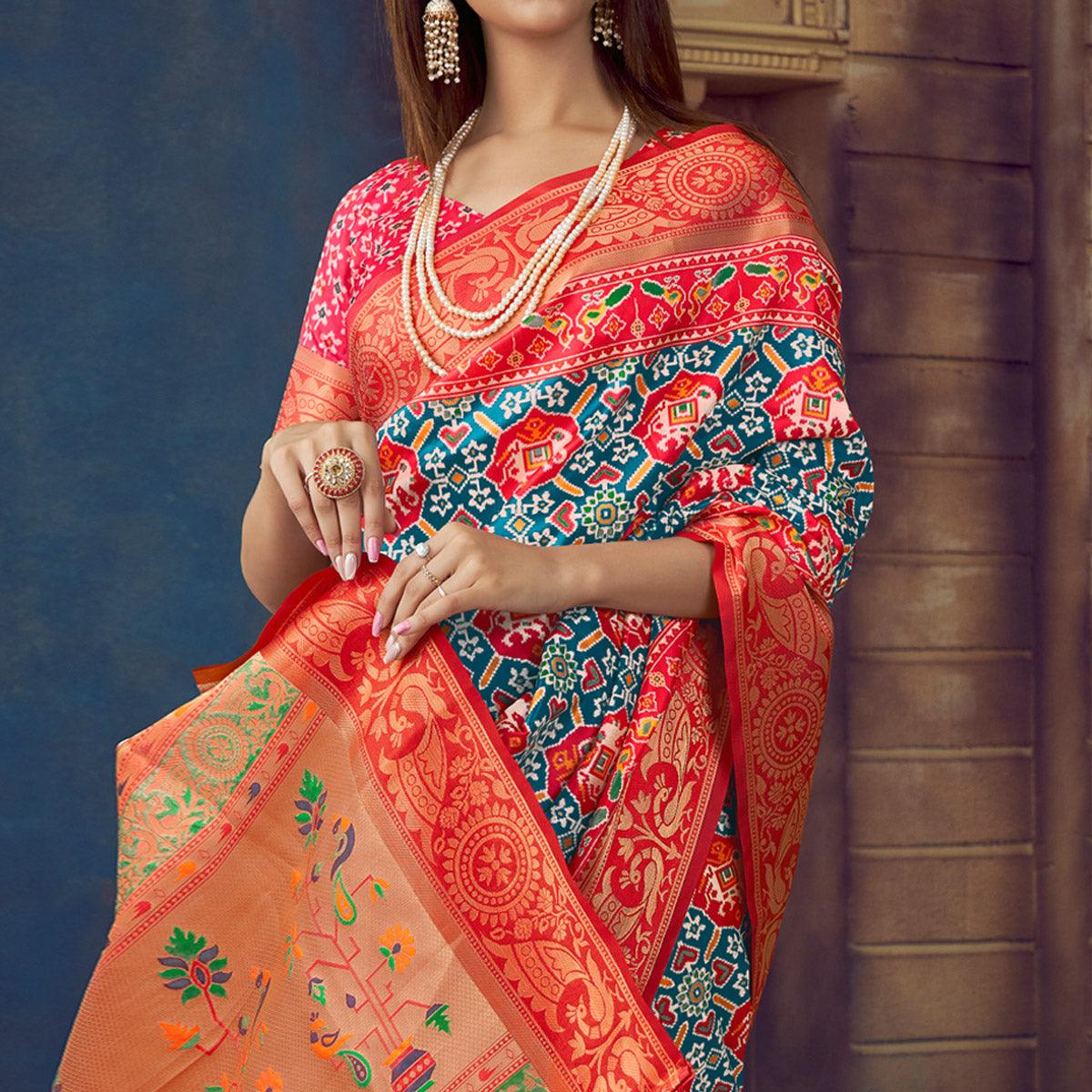 Blue Digital Printed Art Silk Saree With Tassels - Peachmode