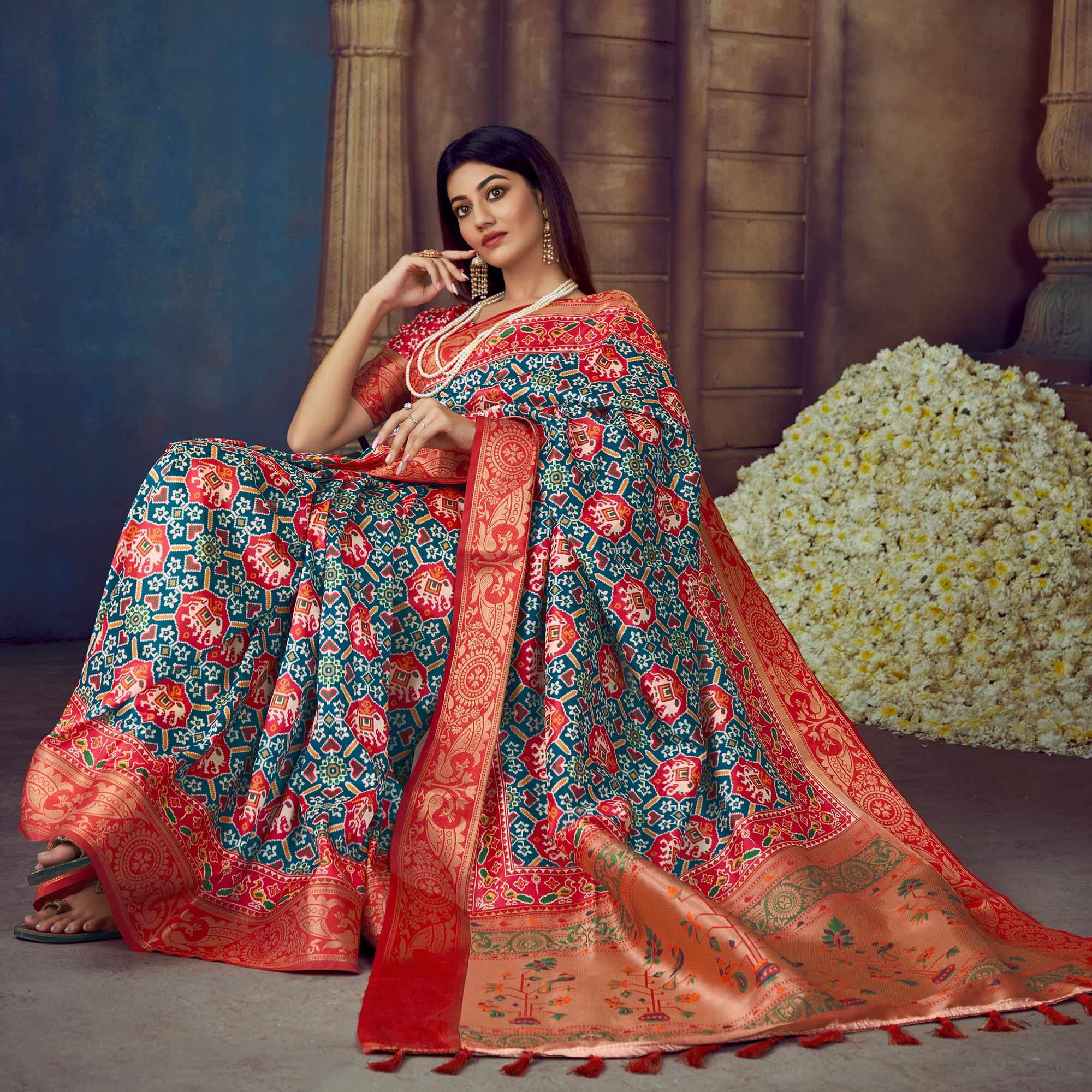 Blue Digital Printed Art Silk Saree With Tassels - Peachmode