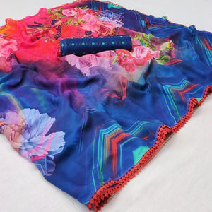 Blue Digital Printed Georgette Saree - Peachmode