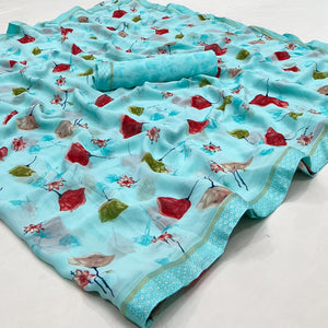 Blue Digital Printed Georgette Saree - Peachmode