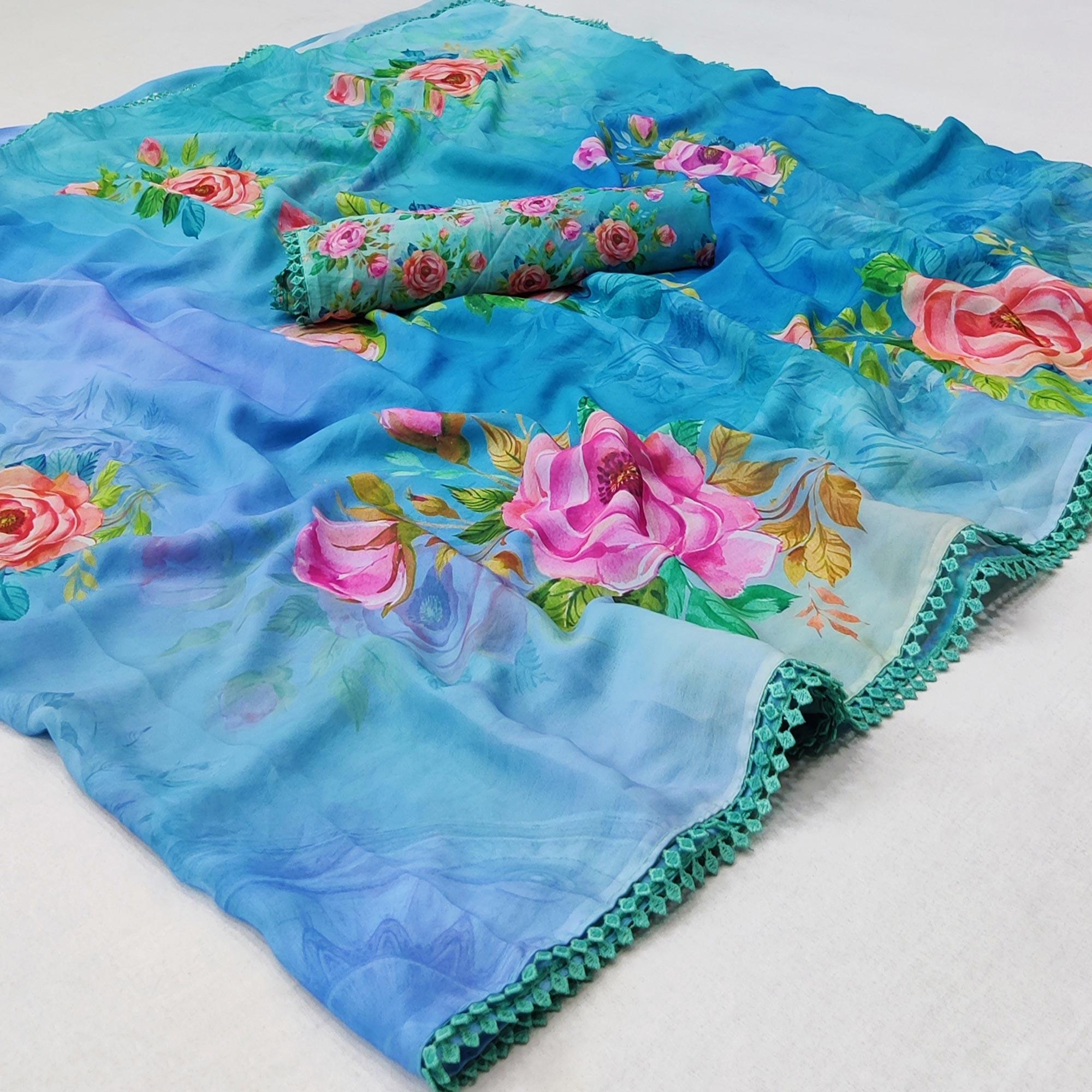 Blue Digital Printed Georgette Saree - Peachmode