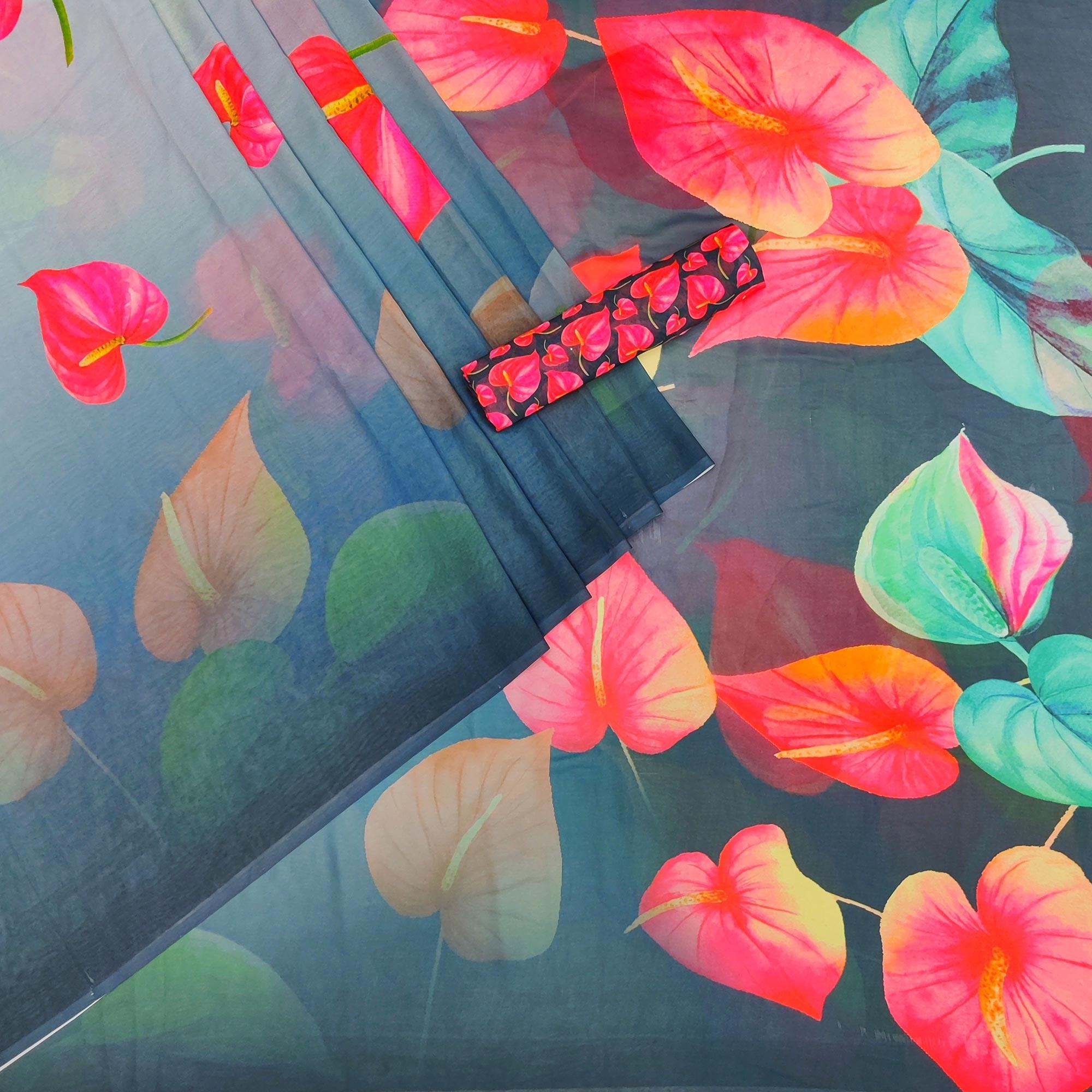 Blue Digital Printed Georgette Saree - Peachmode