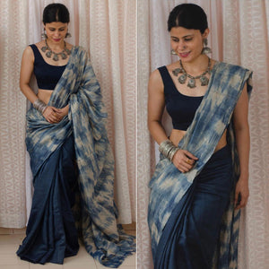 Blue Digital Printed Linen Half and Half Saree - Peachmode