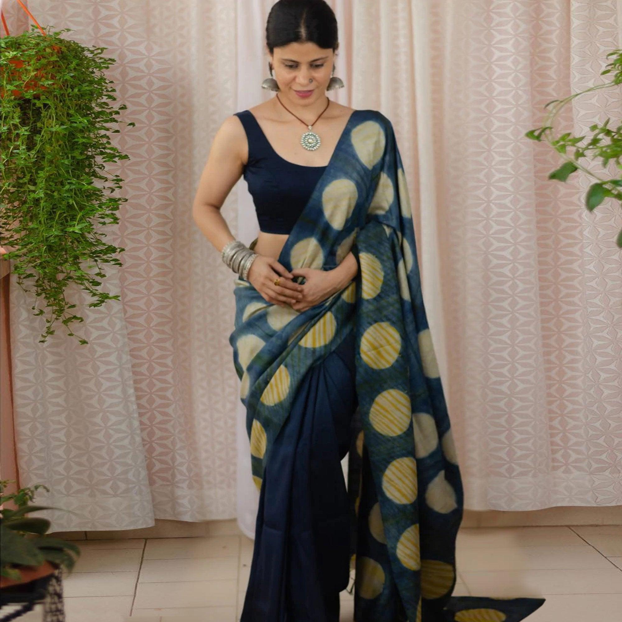 Blue Digital Printed Linen Half and Half Saree - Peachmode