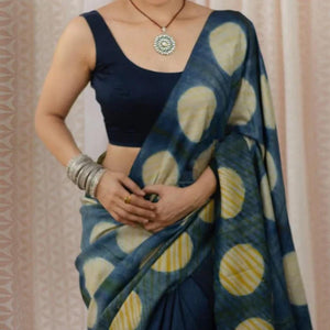 Blue Digital Printed Linen Half and Half Saree - Peachmode