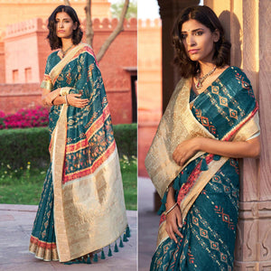 Blue Digital Printed Linen Saree - Peachmode