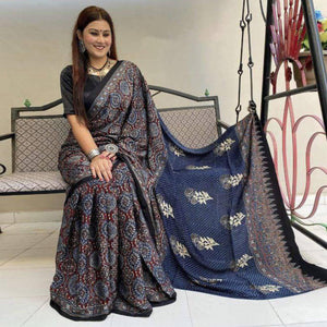 Blue Digital Printed Linen Saree - Peachmode