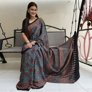 Blue Digital Printed Linen Saree - Peachmode