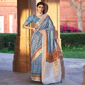 Blue Digital Printed Linen Saree - Peachmode