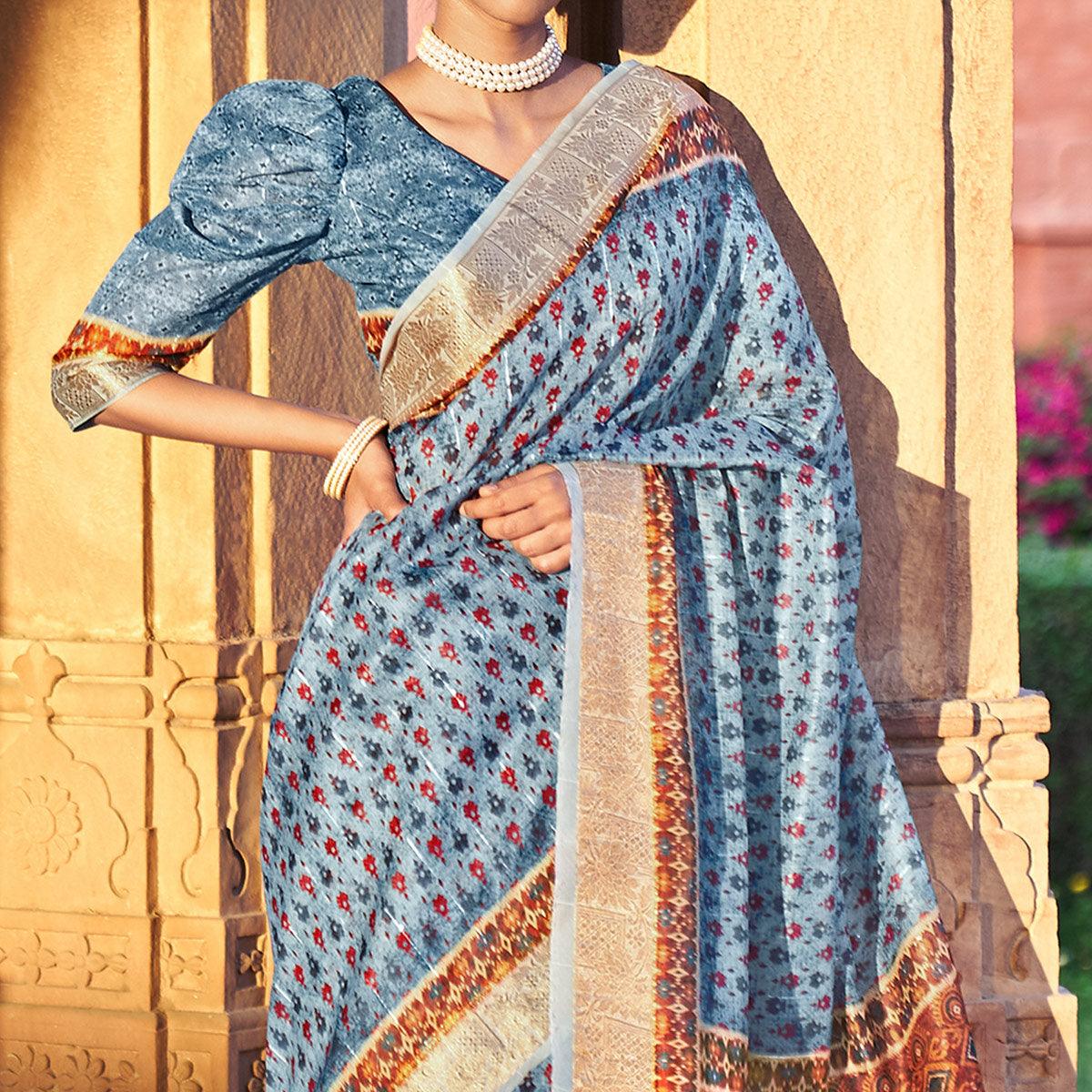 Blue Digital Printed Linen Saree - Peachmode