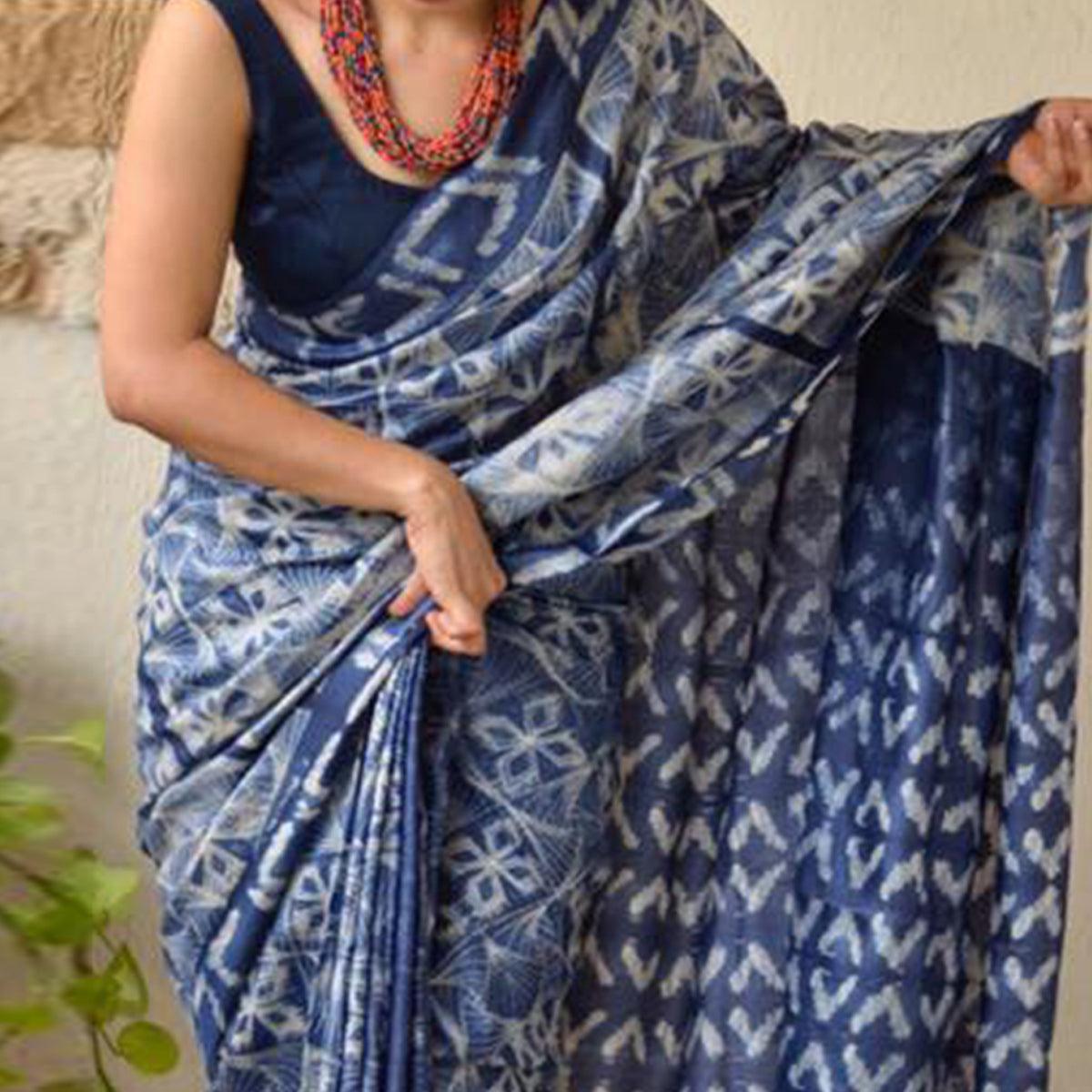 Blue Digital Printed Linen Saree - Peachmode